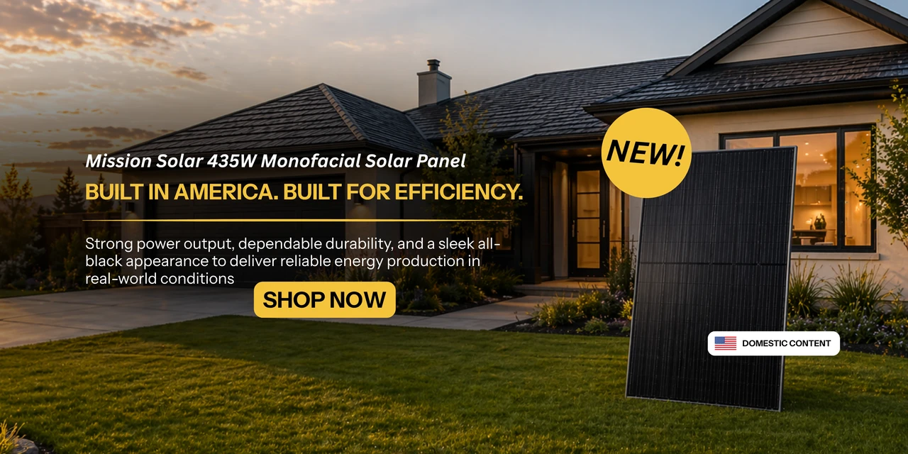 New Mission Solar Pallet of 435W Monofacial Solar Panels in front of home. Shop now!