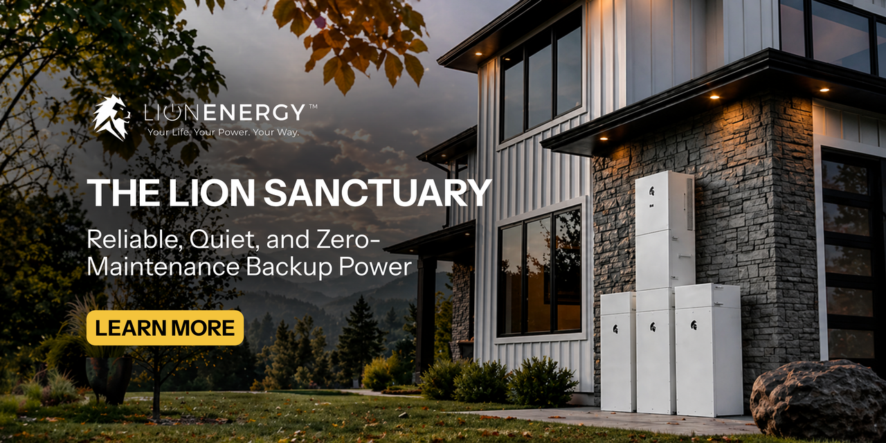 Lion Energy Sanctuary 3 ESS Bundle shown in front of modern home with learn more CTA.