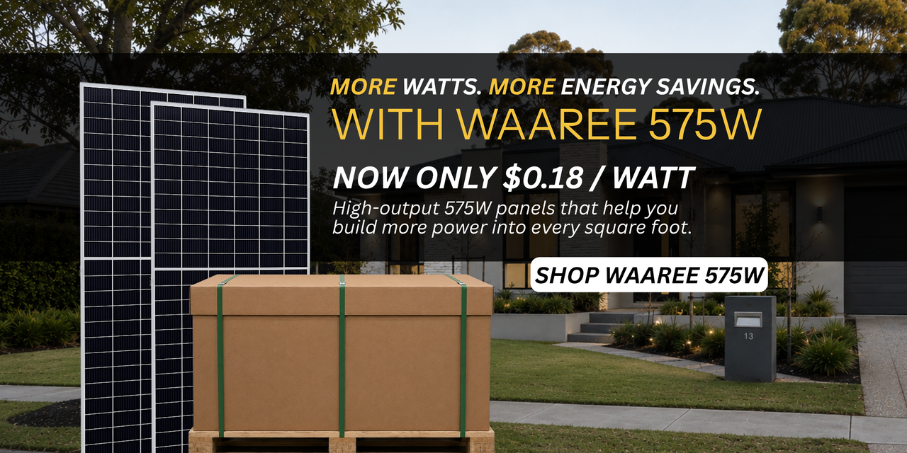 Waaree 575W solar panel pallet only $0.18 per watt showing solar panel pallet in front of home. Shop now!