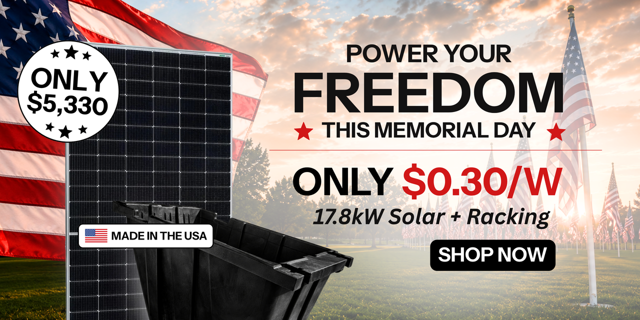 Power your off-grid freedom with the PowerField bundle only $0.30/W showing solar panel and PowerRack in front of American flags.