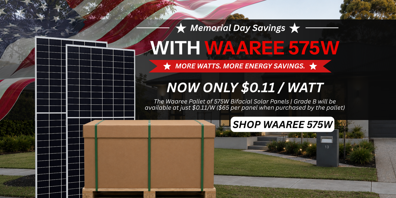 Waaree 575W solar panels only $0.11/W pallet pricing. Showing solar panels and pallet in front of home with American flag. Shop Waaree now!