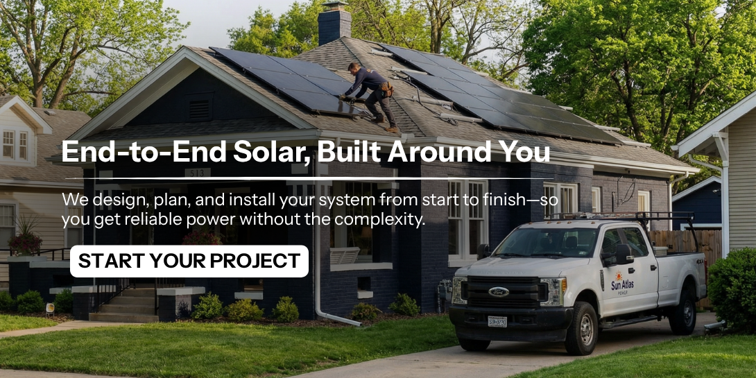 End to end solar services from design to installation. Showing home with solar panels and installers on the roof. Start your project CTA.