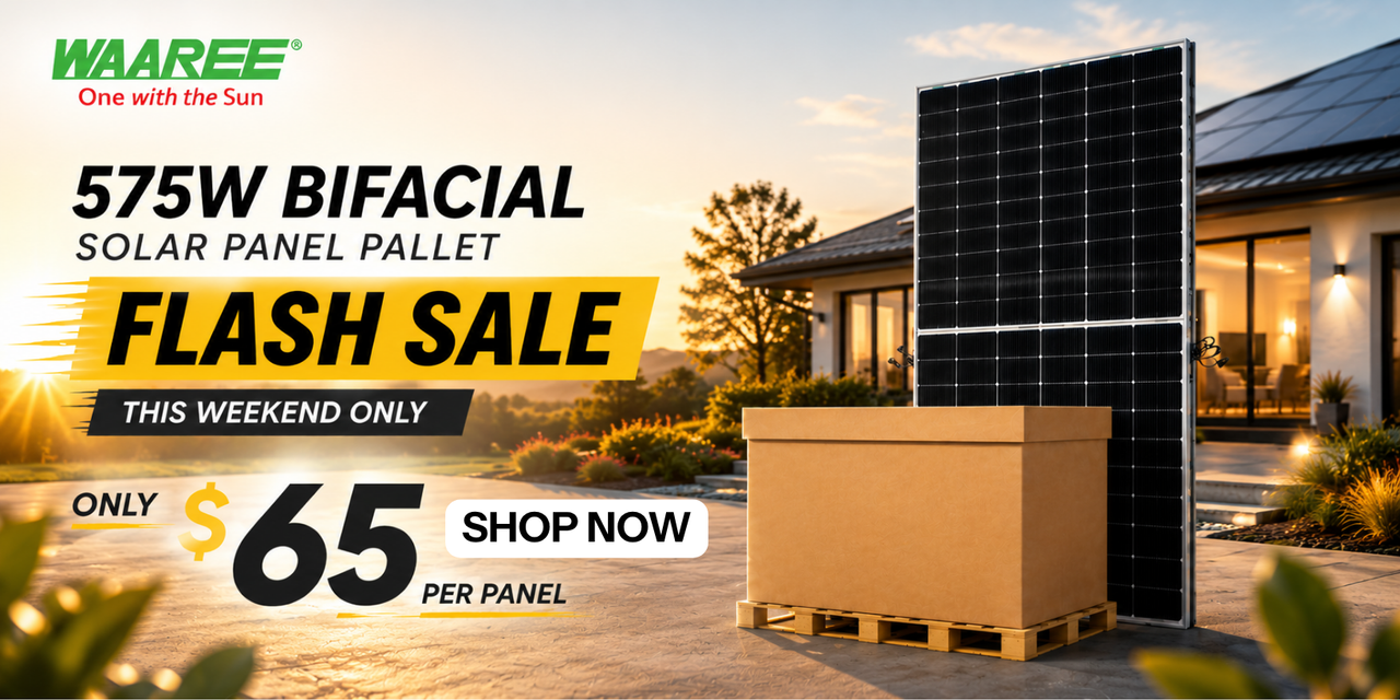 Flash sale for Waaree 575W Bifacial Solar Panel Pallet $65 per panel this weekend only. Shop now!