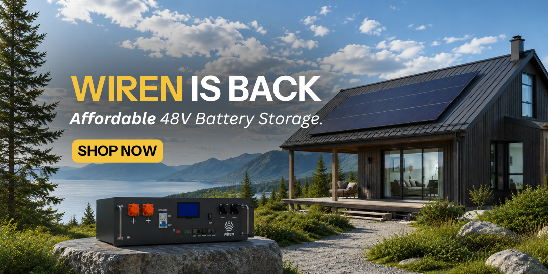Wiren is back! Affordable 48V battery storage showing battery near lakeside home with solar panels. Shop now!