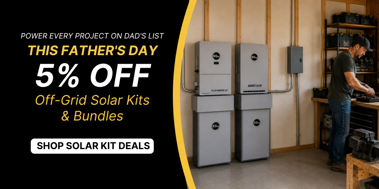 Get 5% off off-grid solar kits and bundles this Father’s Day! Showing father and daughter in workshop with EG4 products. Shop kit deals now.