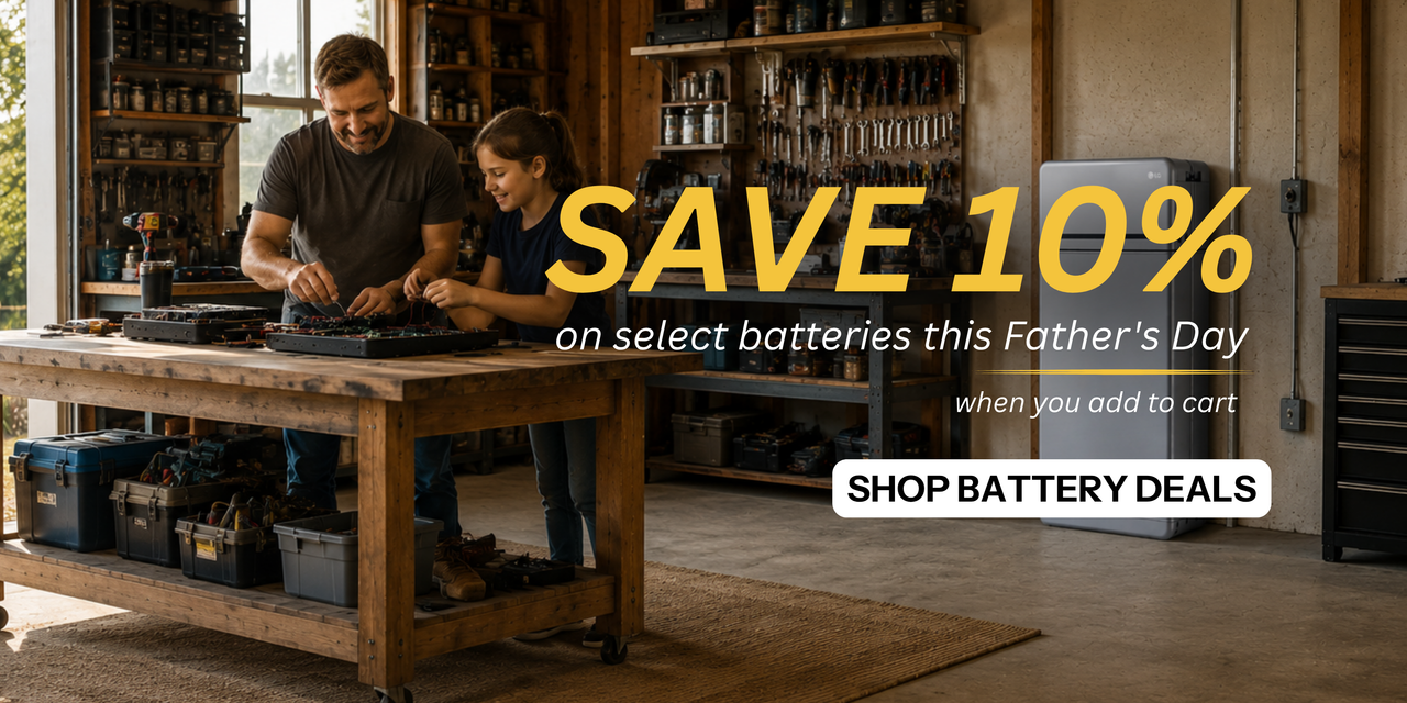 Save 10% on select batteries when you add to cart this Father’s Day weekend showing father and daughter in workshop with LG battery. Shop battery deals now.