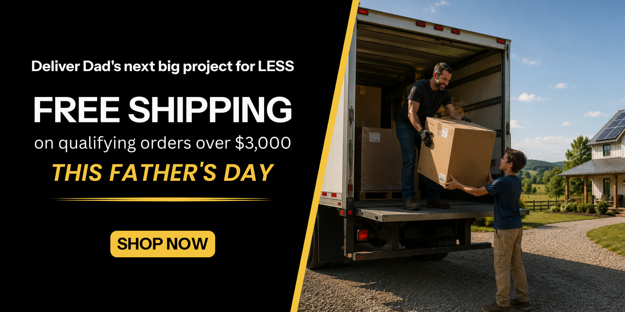 Get free shipping on qualifying orders $3,000 or more this Father’s Day weekend showing father and son unloading boxes from truck.