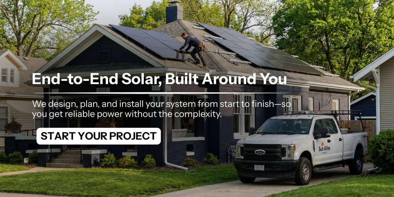 Solar services from design to installation. Showing home with solar panels and installers on the roof. Start your project CTA.