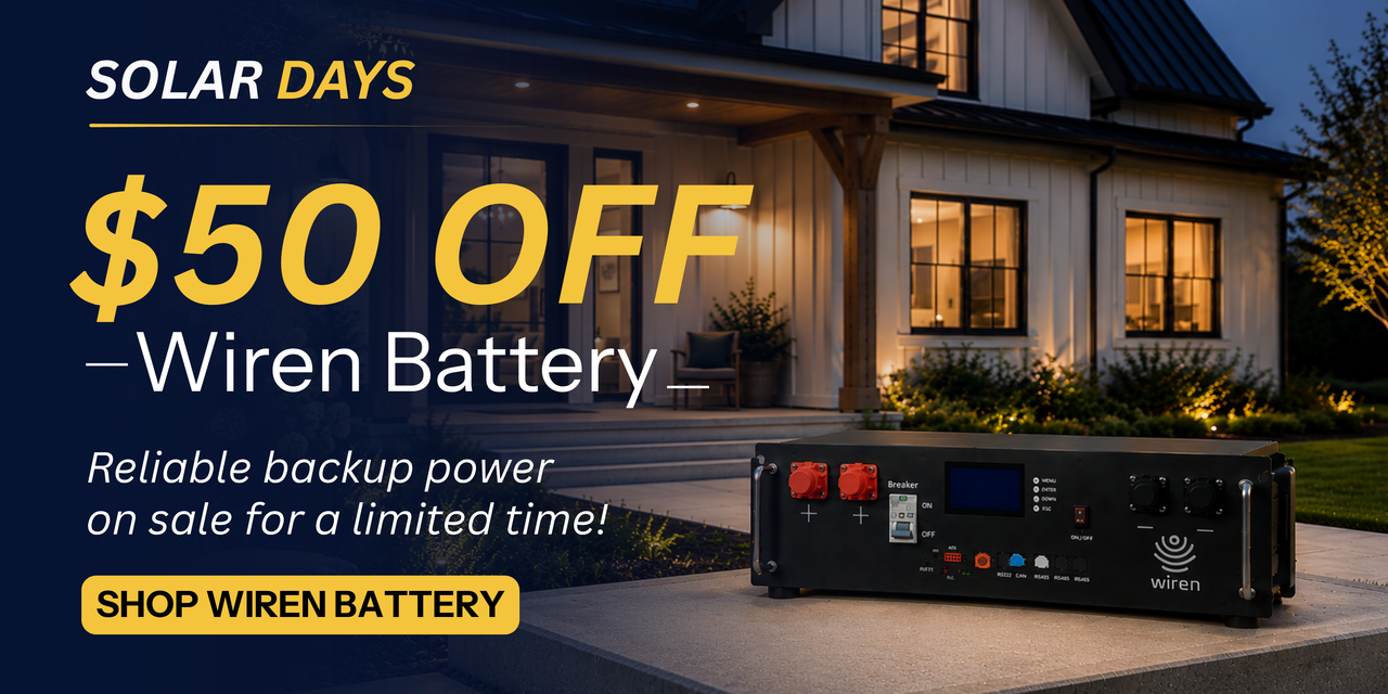 $50 off the Wiren Battery for a limited time only during Solar Days Sale! Shop the Wiren battery now.