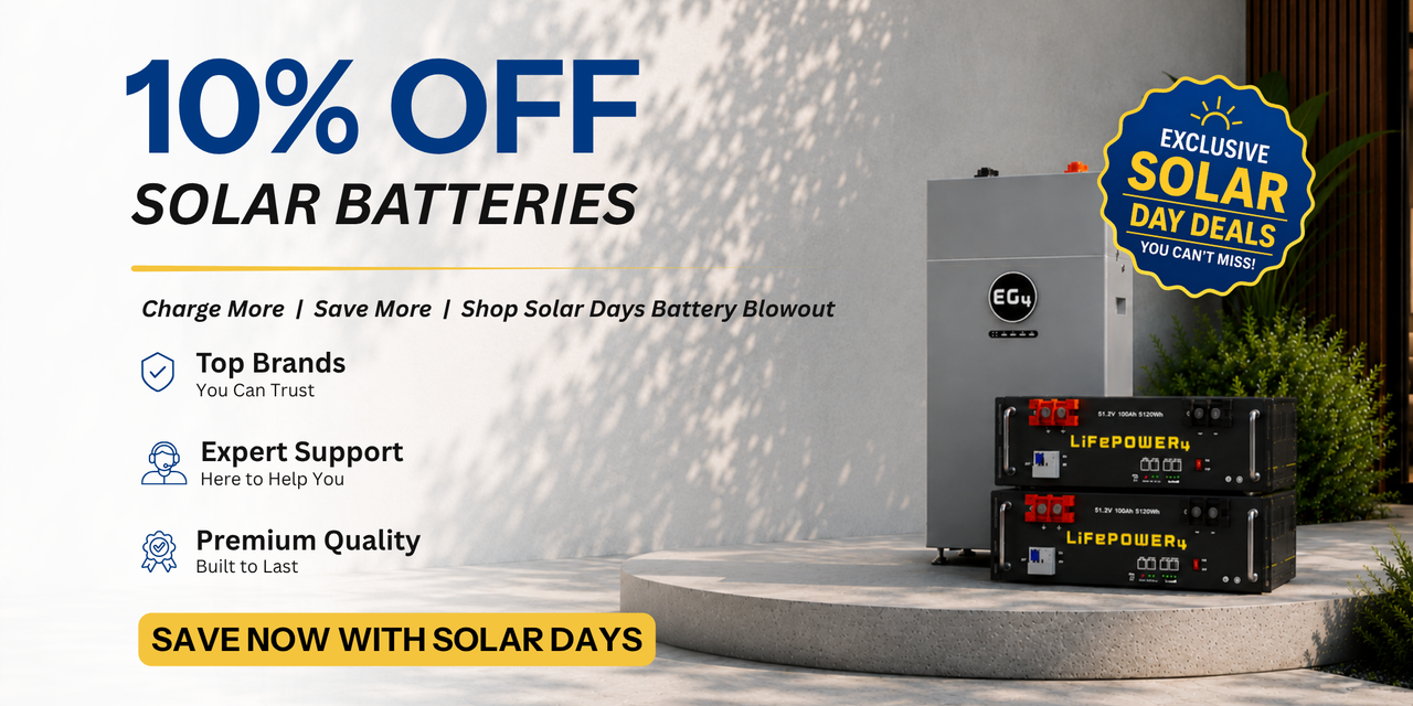 10% off select batteries for a limited time only during the Solar Days sale! Showing EG4 WallMount and LifePower4 batteries. Shop sale batteries.