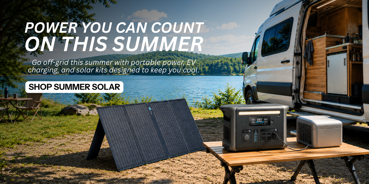Power you can counVan parked in front of lake with Anker power station, battery, and solar panels promoting summer solar products. Shop summer solar now!