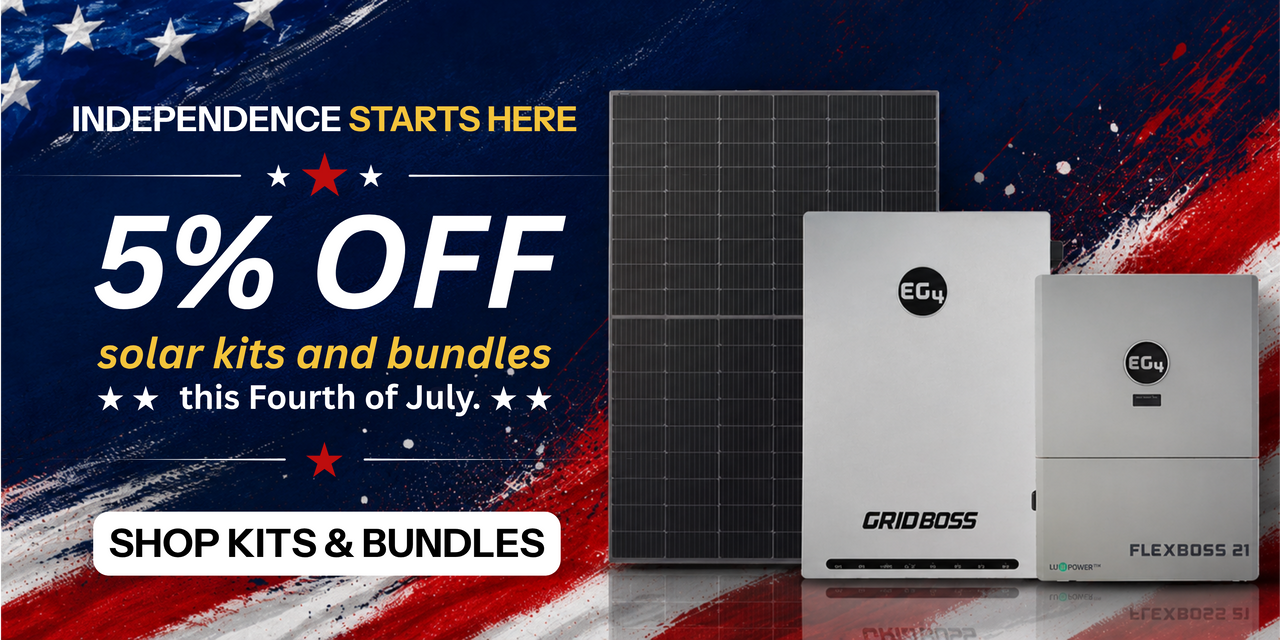 Get 5% off solar kits and bundles this Fourth of July showing a solar panel with EG4 FlexBOSS21 and GridBOSS. Shop kits and bundles now!