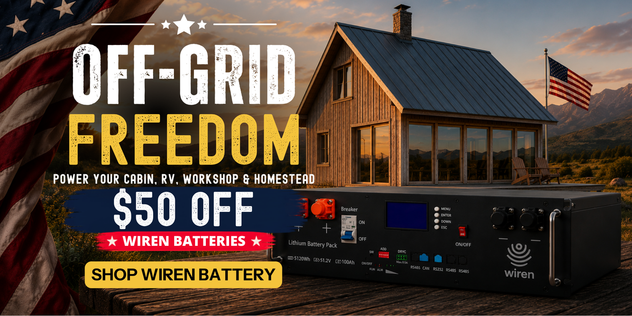 Get $50 off the Wiren battery and off-grid freedom showing Wiren battery with American flag and cabin. Shop wiren battery now!