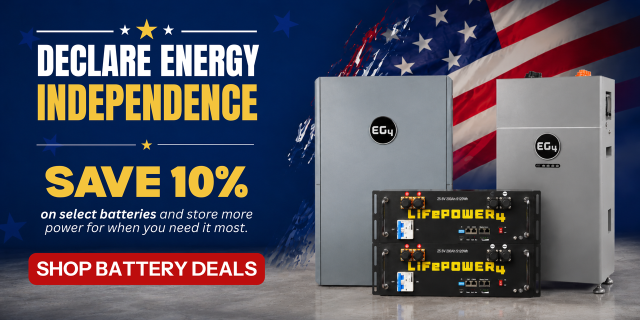 Save 10% on select batteries and declare energy independence! Showing EG4 wallmount and server rack batteries. Shop battery deals now.