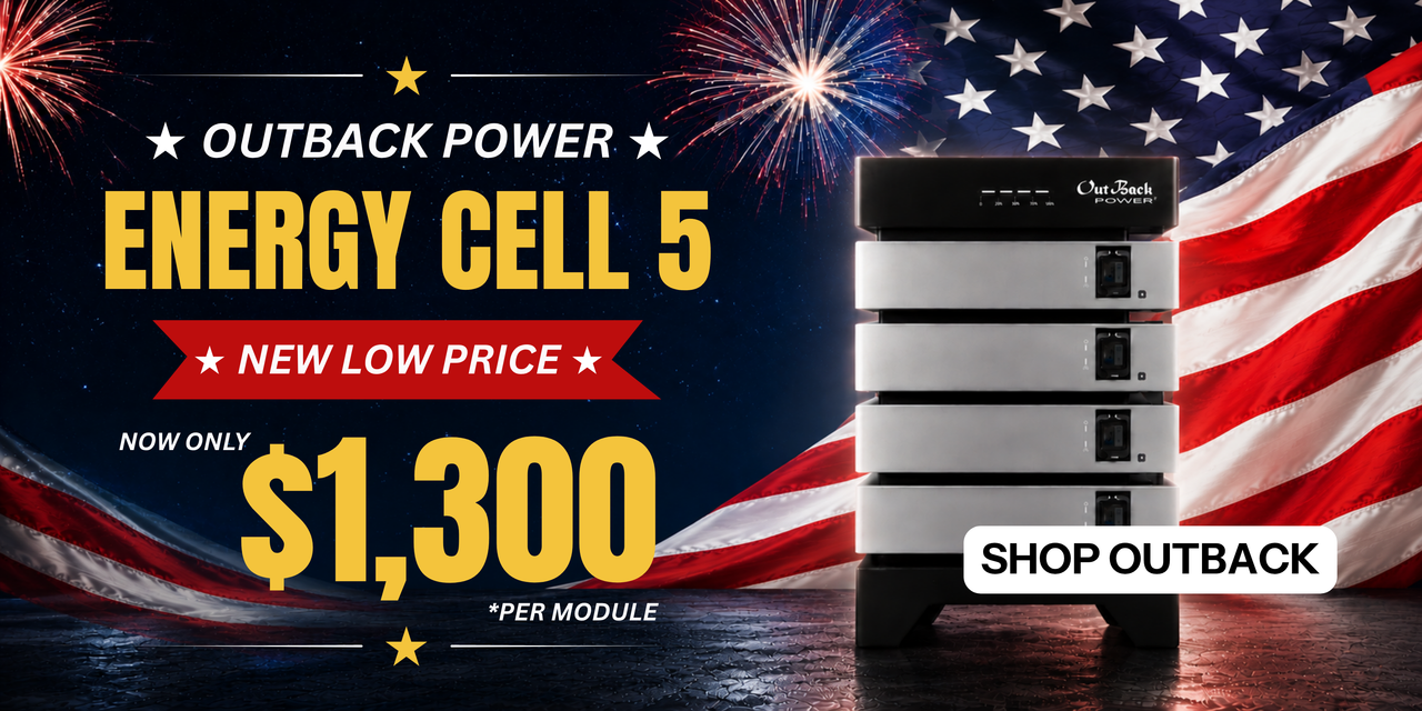 New low price on the Outback EnergyCell 5 battery only $1,300 per module. Showing 4 stack with patriotic background. Shop Outback now.