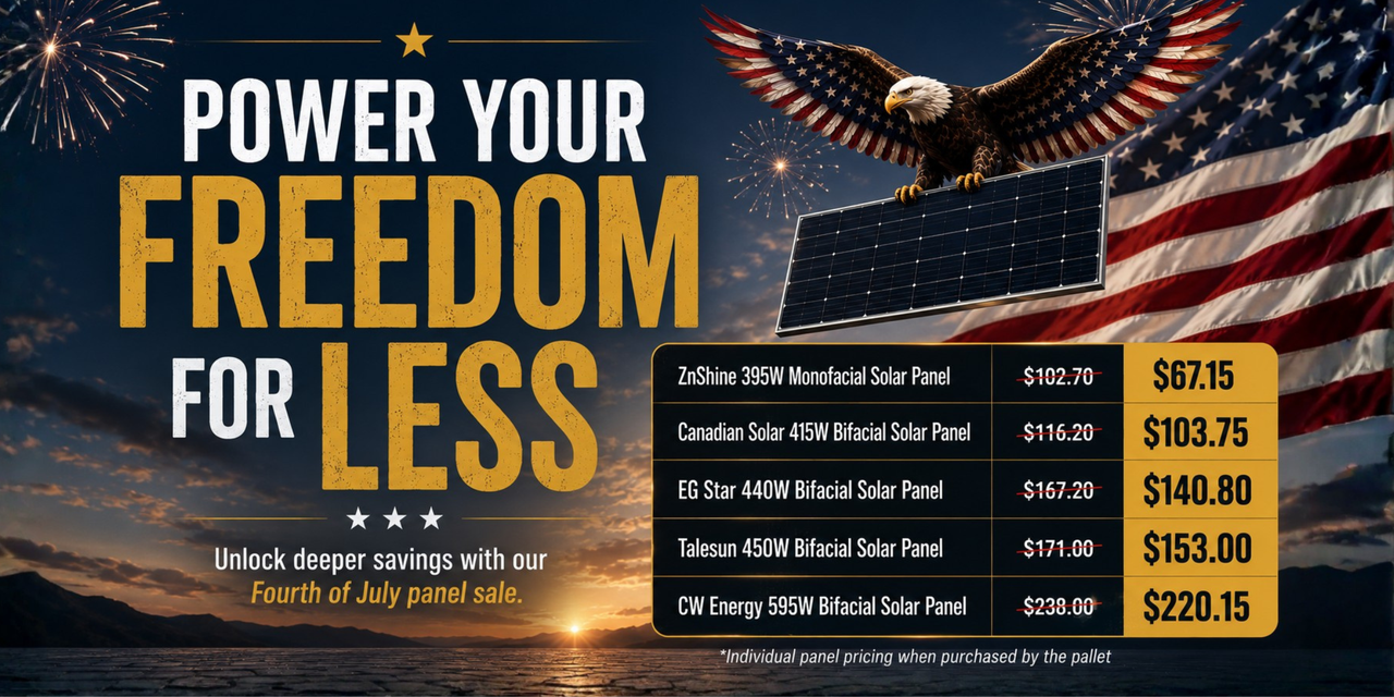 Solar panel deals showing eagle carrying solar panel with American flag. Shop solar panel deals now.