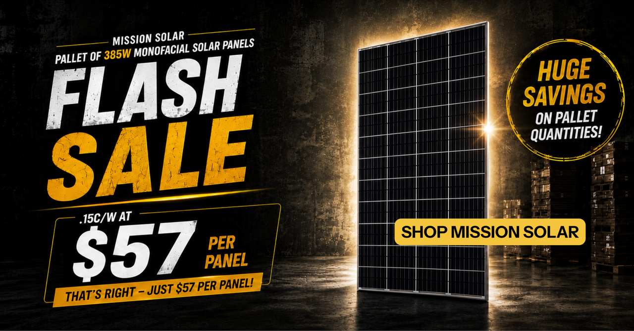 Mission Solar 385W Pallet of Monofacial Solar Panels only $57 when purchased by the pallet while supplies last. Shop now!