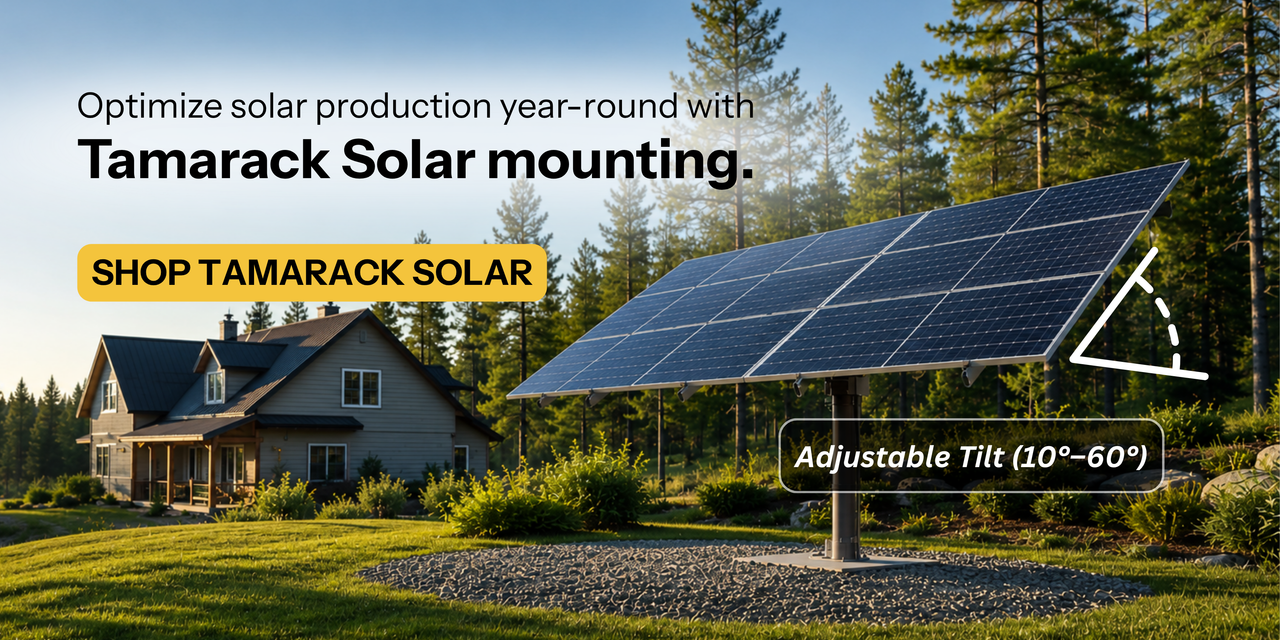Tamarack Solar Mounting showing adjustable tilt of pole mount and solar panels in yard with home. Shop Tamarack now!