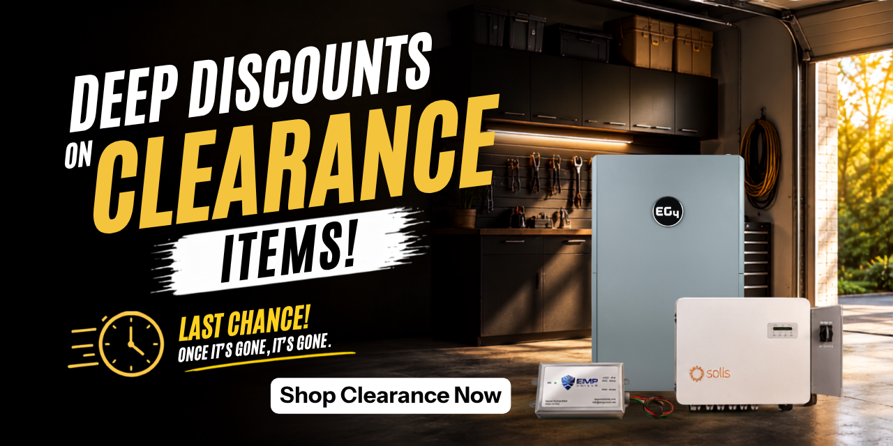 Deep discounts on clearance solar items showing EG4 WallMount battery, Solis, and EMP Shield products in the garage. Shop clearance now!