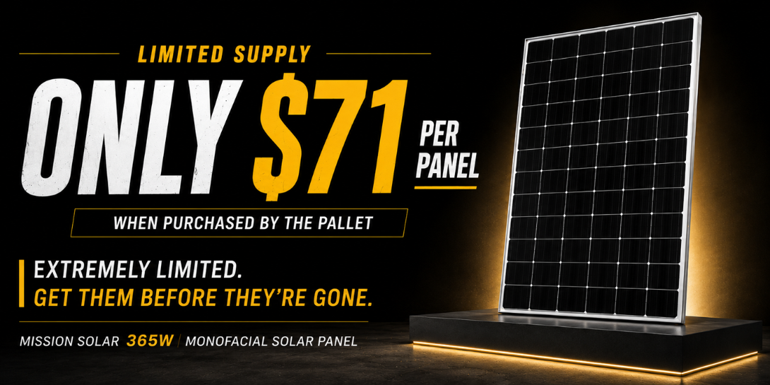 Mission Solar 365W solar panels only $71 per panel when purchased by the pallet. Limited stock. Order before they're gone!