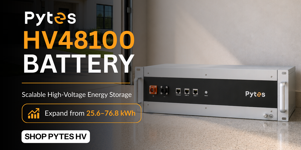 New Pytes 48100 High Voltage Battery shown in garage promoting scalable storage. Shop Pytes now!