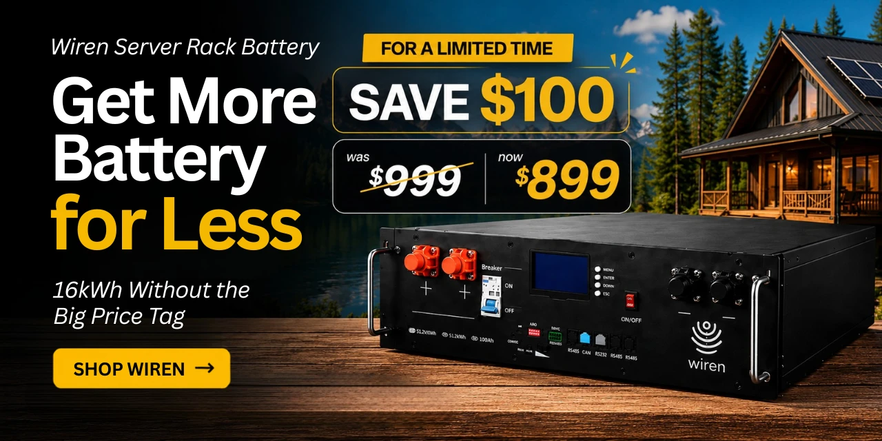 Get $100 off the Wiren Server Rack Battery for a limited time only showing battery in an off-grid setting. Shop Wiren now!