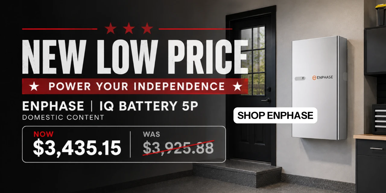 New low price on the Enphase IQ Battery 5P showing battery mounted on wall and Labor Day savings. Shop the sale now!