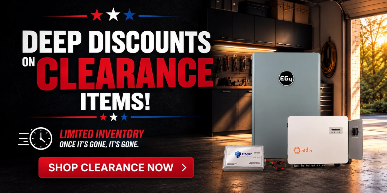 Deep discounts on clearance solar items showing EG4 WallMount battery, Solis, and EMP Shield products in the garage. Shop clearance now!