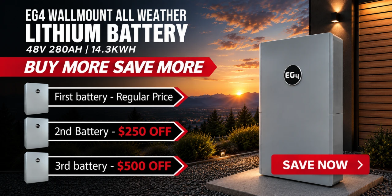 Buy more, save more on the EG4 WallMount All Weather Lithium Battery 280Ah! Shop the battery sale now.