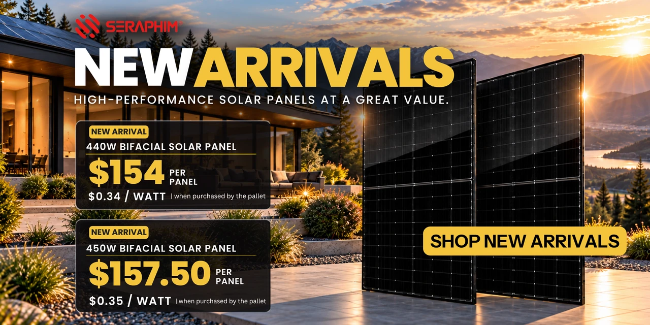 All new Seraphim Solar high-performance solar panels shown in sunrise only $154 when purchased by the pallet. Shop new arrivals now!