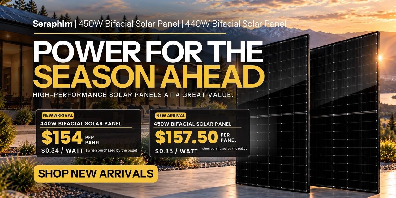 All new Seraphim Solar high-performance solar panels shown in sunrise only $154 when purchased by the pallet. Shop new arrivals now!
