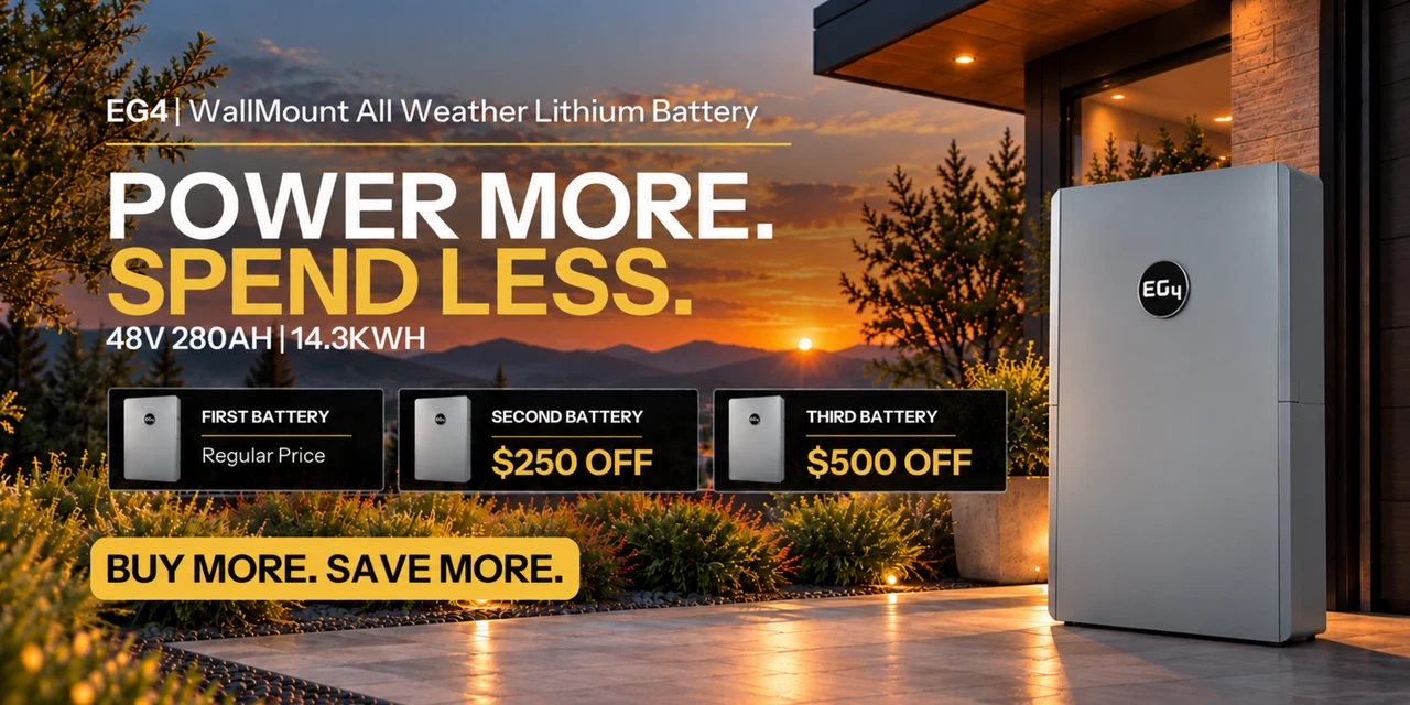 Buy more, save more on the EG4 WallMount All Weather Lithium Battery 280Ah! Shop the battery sale now.