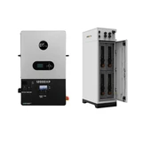 EG4 12000XP off-grid inverter paired with Pytes indoor battery cabinet. The image shows the inverter on the left, featuring its LCD display and breaker switch, and the Pytes battery cabinet on the right with its door open, revealing stacked battery modules inside.