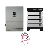 Front Face view of EG4 FlexBOSS21 inverter next to a 4 stack of Outback EnergyCell 5 Batteries and 4/0 AWG Cables underneath them