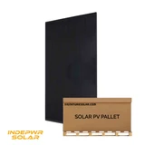 Front-facing Indepwr 450W Pallet of Bifacial Solar Panel, tilted left and facing right.