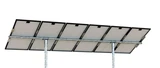 Tamarack Solar UNI-PGRM-6P2 adjustable top-of-pole solar panel mount supporting six portrait-oriented solar modules on a galvanized steel dual-post mounting system with adjustable tilt.