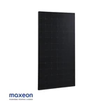 Maxeon all-black solar panel with black frame shown at a slight angle on a white background.