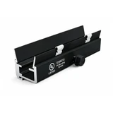 Black aluminum solar mounting rail with integrated channel, white clips, and UL listing.