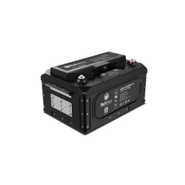 Angled view of the BigBattery 48V HUSKY 2 LiFePO4 battery, featuring a black enclosure with integrated handles, connection ports, and labeled specifications. 