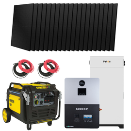 Panels on top and front view of EG4 6000XP Inverter and Pytes Outdoor Cabinet and Right tilt view of Champion Generator