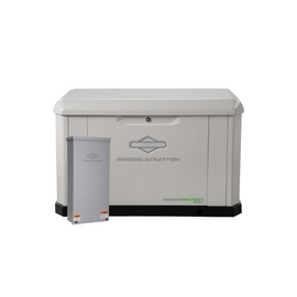 Front view of Briggs & Stratton PowerProtect standby generator with transfer switch, both showing visible safety stickers