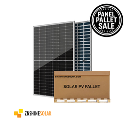 Pallet of ZNShine 550W bifacial solar panels with double-glass design for durable, Pallet of ZNShine Solar 550W panels with front and back view of bifacial design.