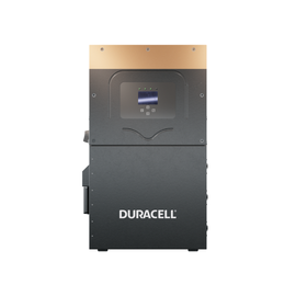 Duracell home battery energy storage system, front view with digital display, orange top and black bottom.