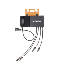 Duracell dual solar microinverter with orange mounting bracket and multiple integrated cables — front view.