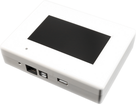 Duracell Communication Gateway WiFi module with touchscreen display and network ports for connecting and monitoring solar microinverter systems.