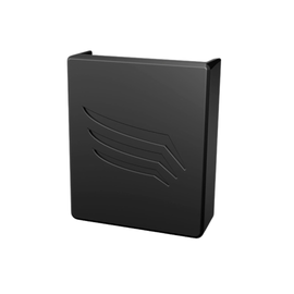 Black rectangular cover with rounded corners and embossed three-line logo, used as a durable protective end cap in solar mounting systems.