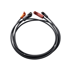 Black dual cable assembly with one orange and one red connector on one end and matching black connectors on the other, coiled neatly in a circle against a white background.