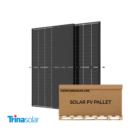 Trina Solar PV pallet with stacked black solar panels on a wooden shipping pallet.