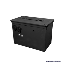Black metal ammo can power box with sealed cable ports and top carry handle on a white background