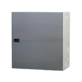 Closed Metal electrical load center panel with breakers and interior wiring space